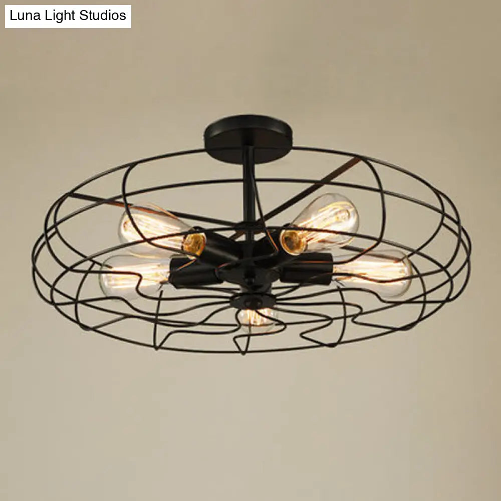 Iron Wire 5-Head Bedroom Chandelier Light - Industrial Round Suspension Lamp In Black