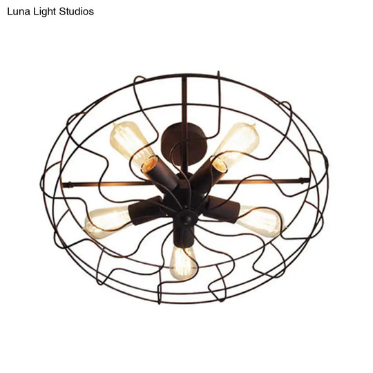 Black Industrial 5-Head Suspension Lamp For Bedroom - Iron Wire Round Chandelier Light