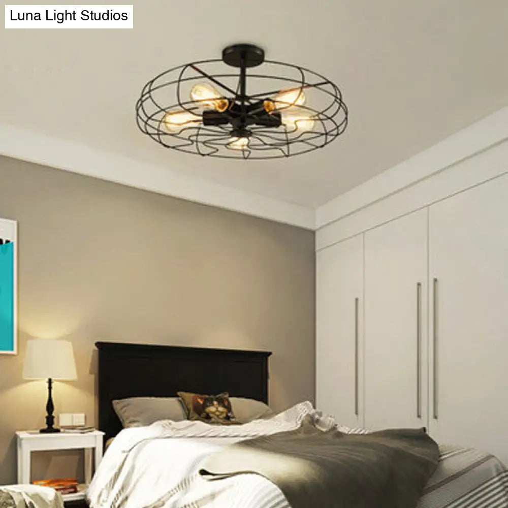 Iron Wire 5-Head Bedroom Chandelier Light - Industrial Round Suspension Lamp In Black