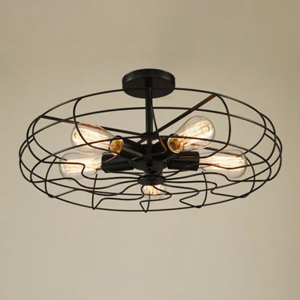 Black Industrial 5-Head Suspension Lamp For Bedroom - Iron Wire Round Chandelier Light