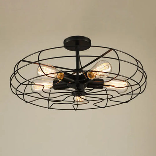 Black Industrial 5-Head Suspension Lamp For Bedroom - Iron Wire Round Chandelier Light