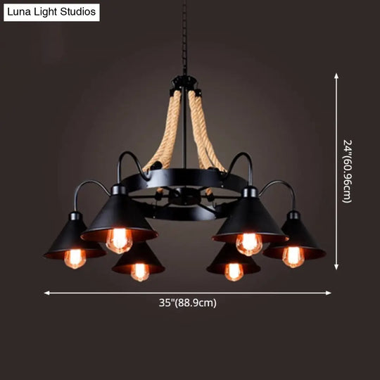 Black Rope And Metal Cone Industrial Hanging Chandelier Light - Art Design