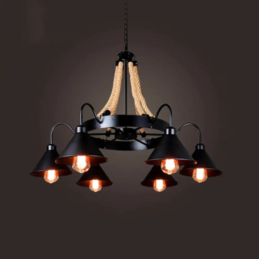 Black Industrial Art Chandelier Light With Rope And Cone Metal Shade 6 /