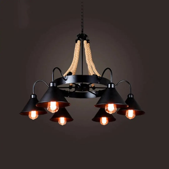 Black Industrial Art Chandelier Light With Rope And Cone Metal Shade 6 /