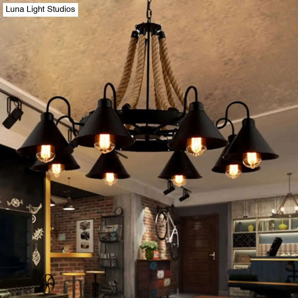 Black Industrial Art Chandelier Light With Rope And Cone Metal Shade