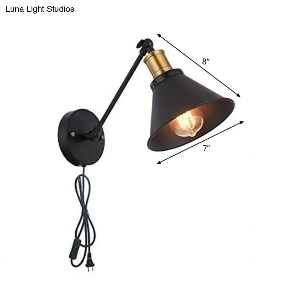 Black Industrial Bedside Wall Lamp With Rotating 2-Head Design - Plug-In Iron Reading Light For