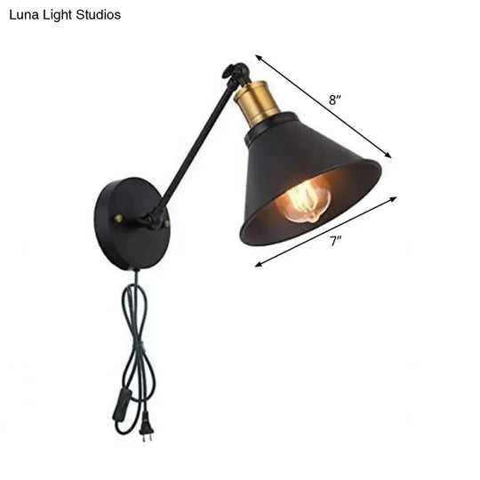 Black Industrial Bedside Wall Lamp With Rotating 2-Head Design - Plug-In Iron Reading Light For