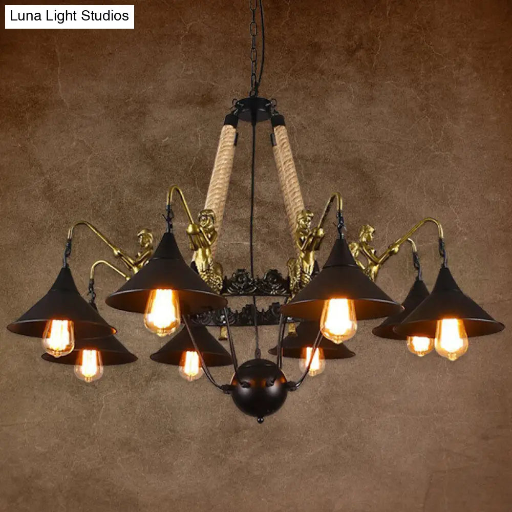 Industrial Bell Chandelier - Metal And Rope Suspension Light With Mermaid Deco Black (6/8 Bulbs)