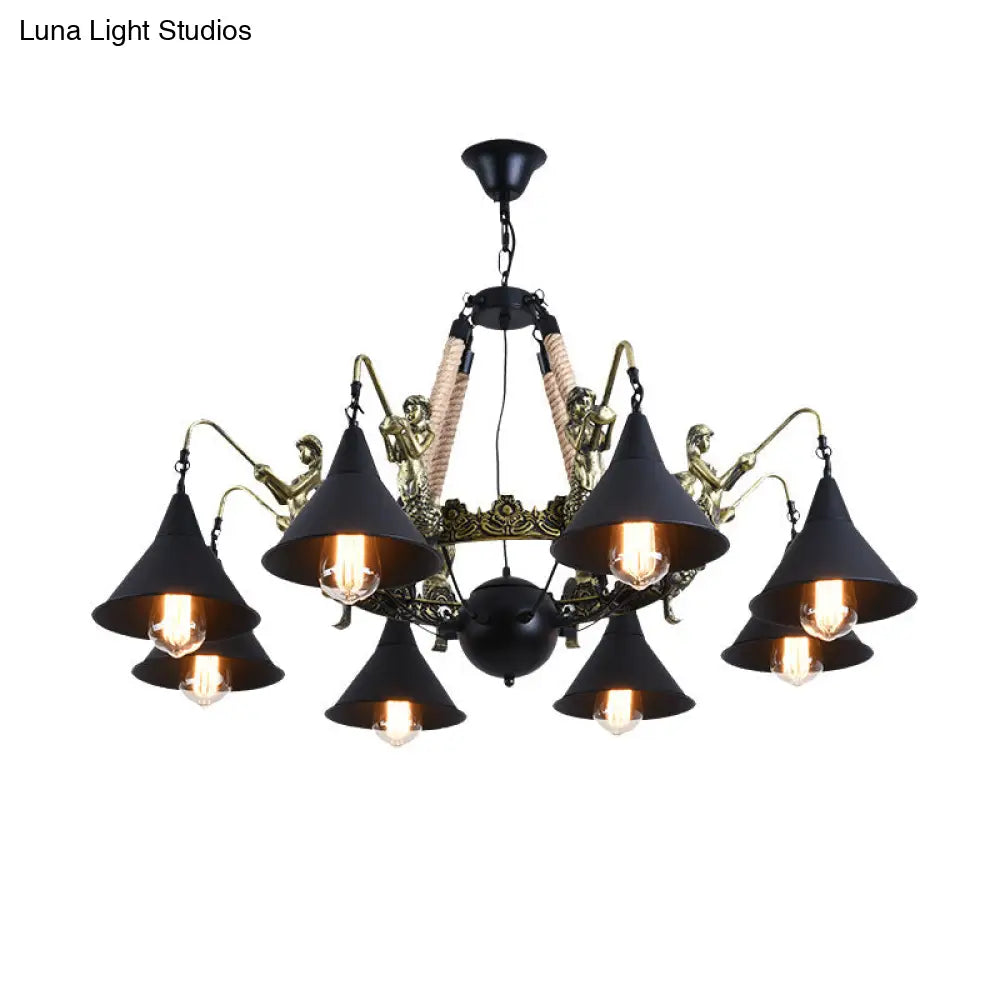 Black Industrial Bell Chandelier Light W/ Mermaid Deco - Metal/Rope Suspension | 6/8 Bulbs