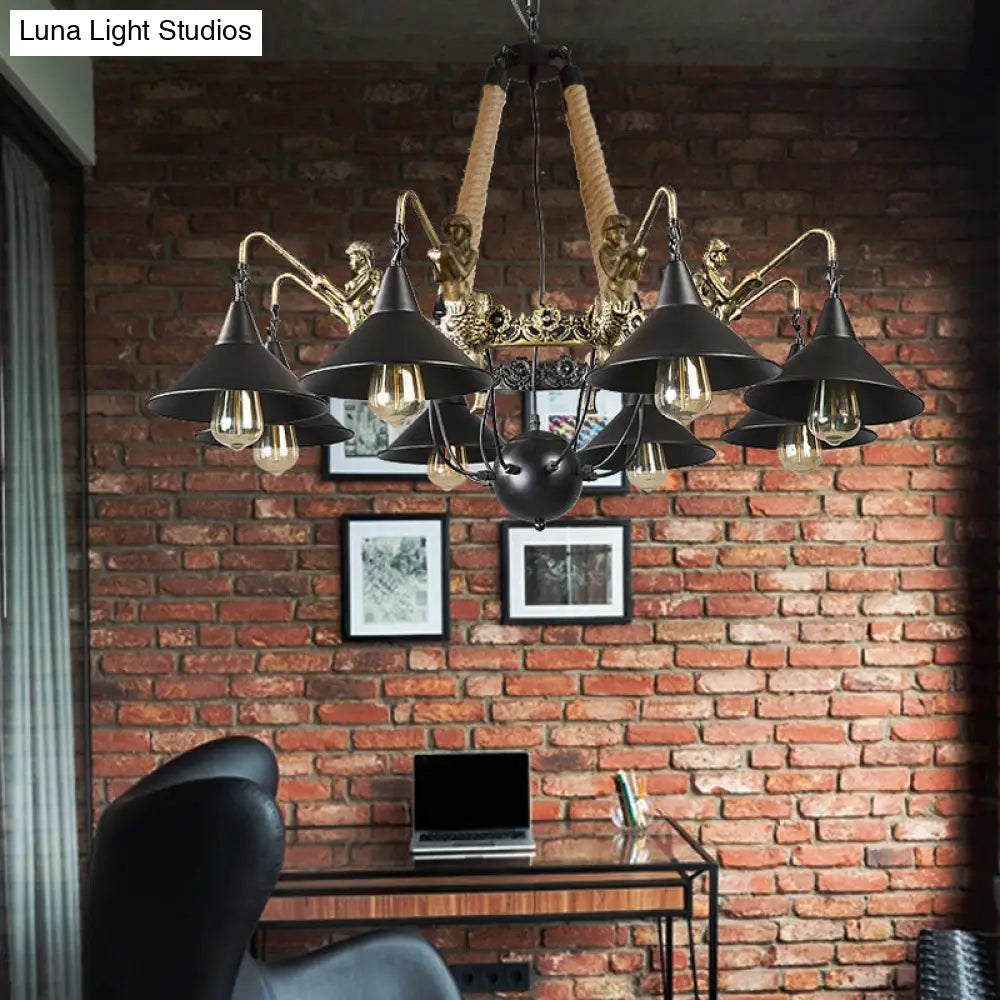 Industrial Bell Chandelier - Metal And Rope Suspension Light With Mermaid Deco Black (6/8 Bulbs) 8 /