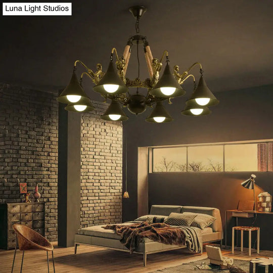 Black Industrial Bell Chandelier Light W/ Mermaid Deco - Metal/Rope Suspension | 6/8 Bulbs