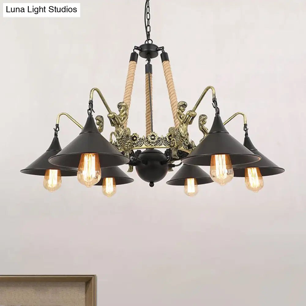 Black Industrial Bell Chandelier Light W/ Mermaid Deco - Metal/Rope Suspension | 6/8 Bulbs