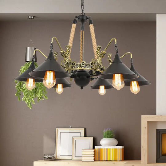 Black Industrial Bell Chandelier Light W/ Mermaid Deco - Metal/Rope Suspension | 6/8 Bulbs 6 /