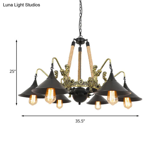 Black Industrial Bell Chandelier Light W/ Mermaid Deco - Metal/Rope Suspension | 6/8 Bulbs