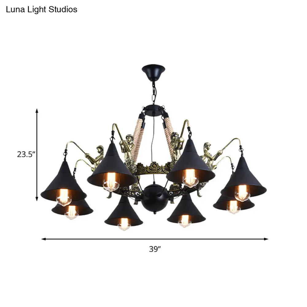 Black Industrial Bell Chandelier Light W/ Mermaid Deco - Metal/Rope Suspension | 6/8 Bulbs