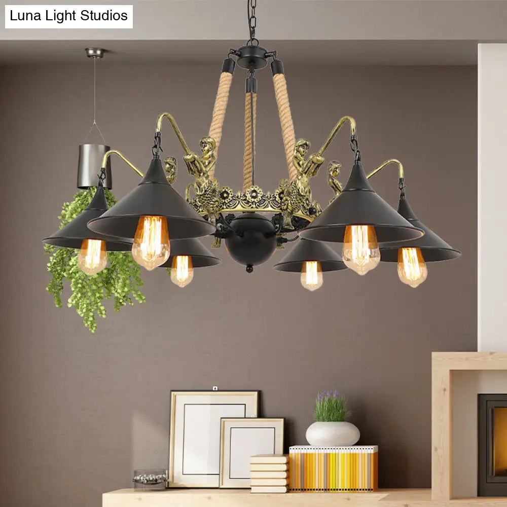 Industrial Bell Chandelier - Metal And Rope Suspension Light With Mermaid Deco Black (6/8 Bulbs) 6 /