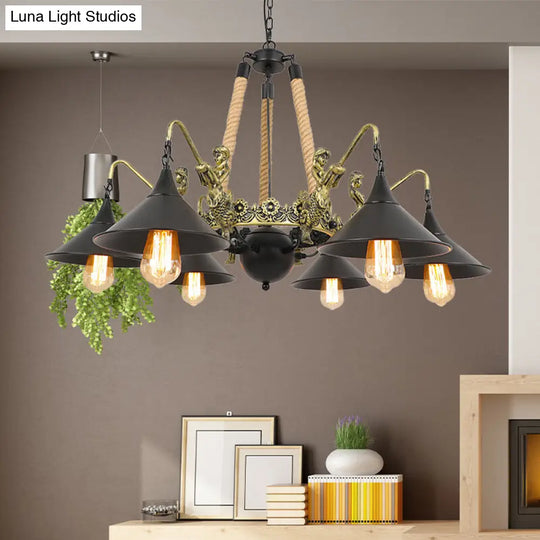 Industrial Bell Chandelier - Metal And Rope Suspension Light With Mermaid Deco Black (6/8 Bulbs) 6 /