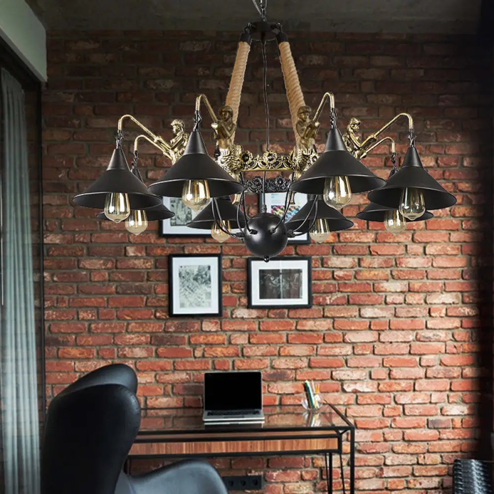 Black Industrial Bell Chandelier Light W/ Mermaid Deco - Metal/Rope Suspension | 6/8 Bulbs 8 /