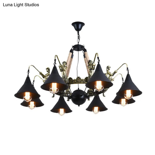 Industrial Bell Chandelier - Metal And Rope Suspension Light With Mermaid Deco Black (6/8 Bulbs)