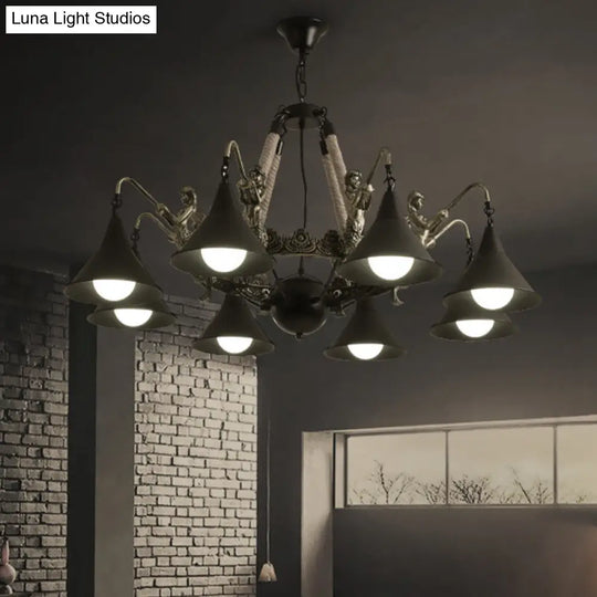 Industrial Bell Chandelier - Metal And Rope Suspension Light With Mermaid Deco Black (6/8 Bulbs)