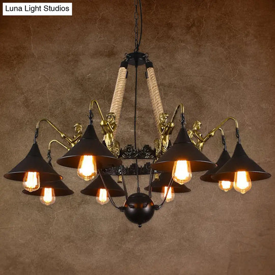 Black Industrial Bell Chandelier Light W/ Mermaid Deco - Metal/Rope Suspension | 6/8 Bulbs