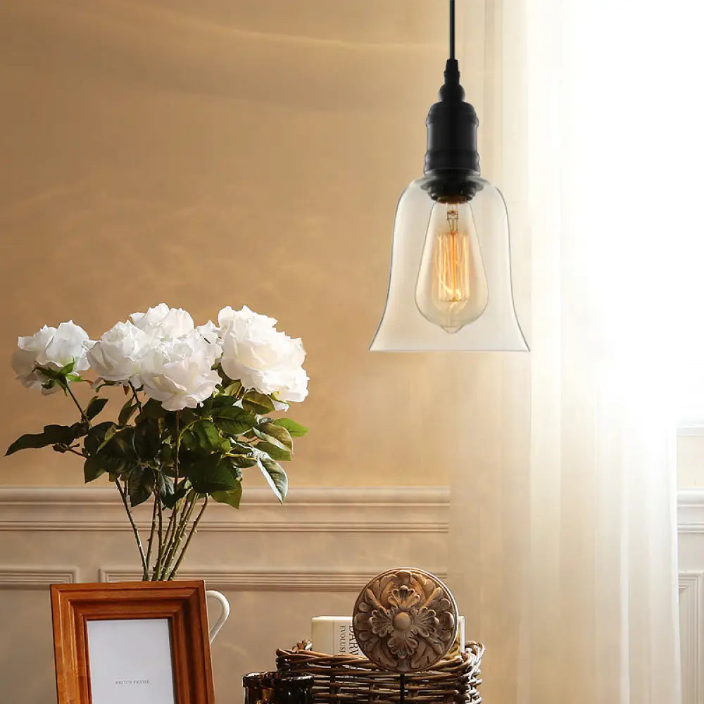 Black Industrial Bell Pendant Light Fixture With Clear Glass Shade - Single-Bulb Hanging