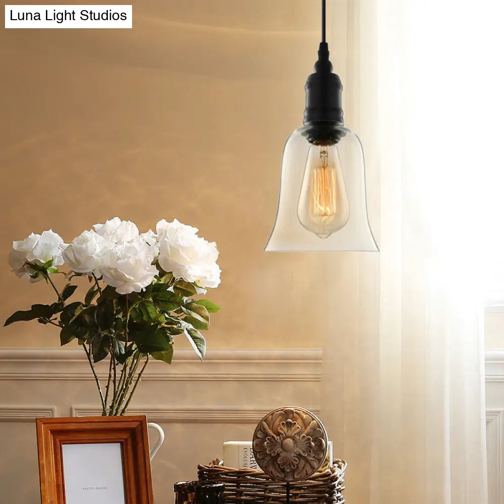 Black Industrial Bell Pendant Light With Clear Glass Single Bulb Fixture
