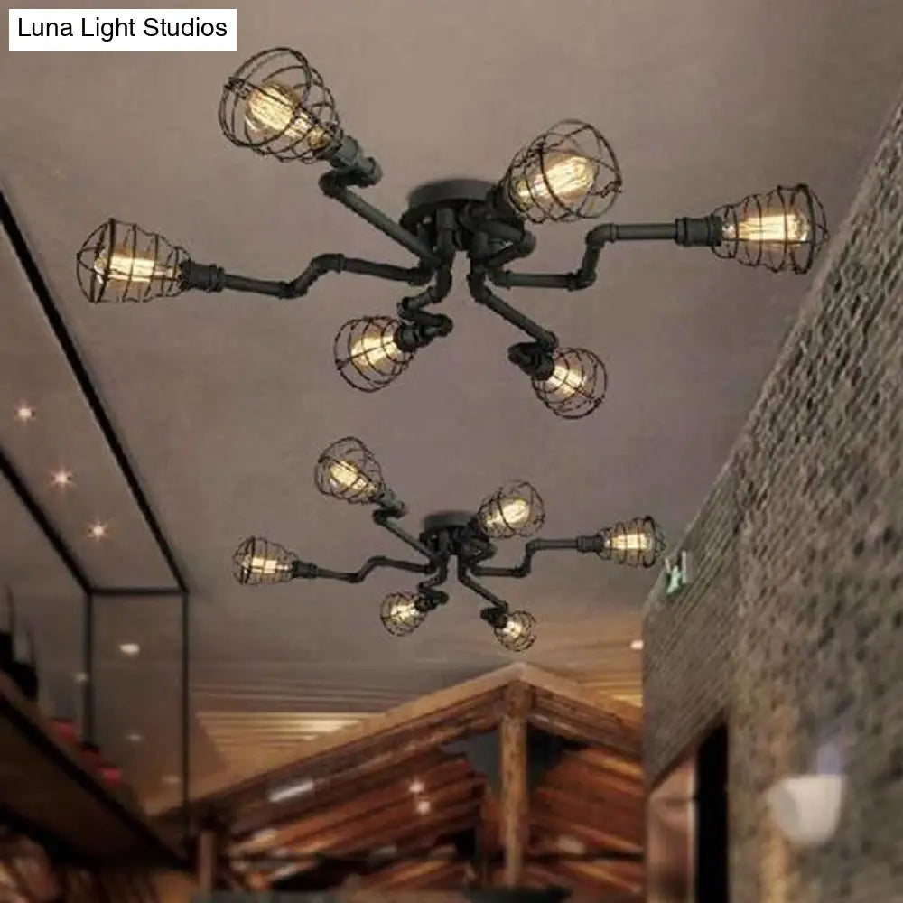 Black Industrial Cage Ceiling Light For Entryways - Semi Flush Mount