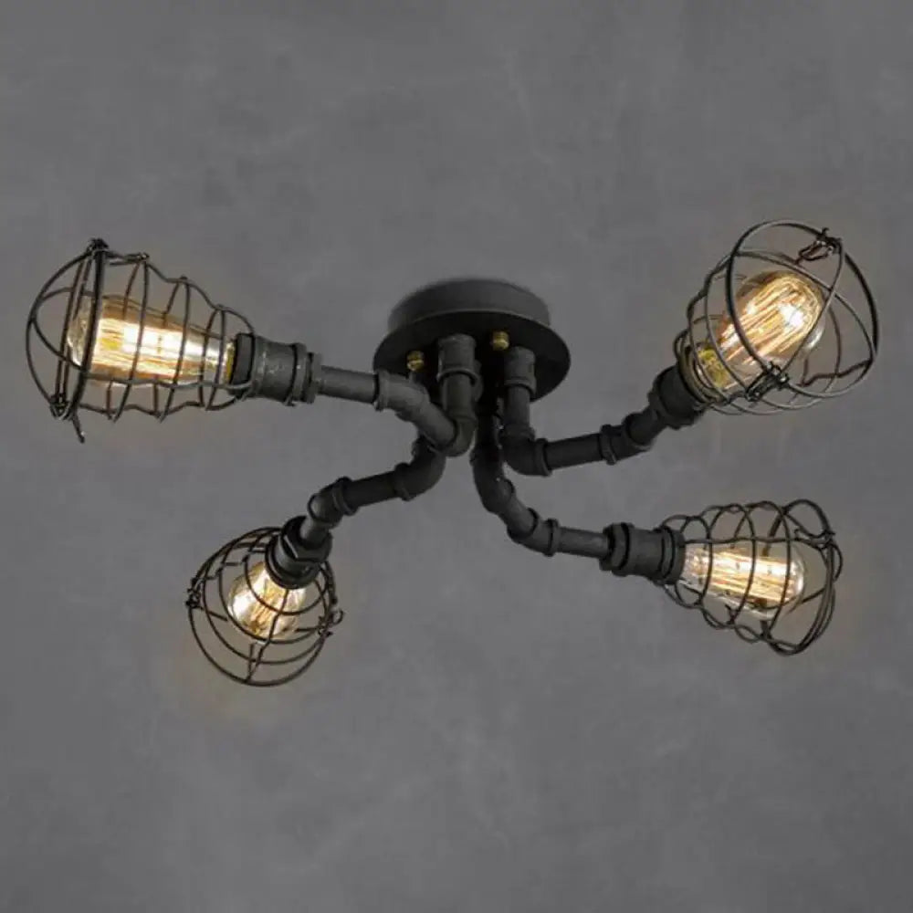 Black Industrial Cage Ceiling Light For Entryways - Semi Flush Mount 4 /