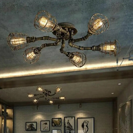 Black Industrial Cage Ceiling Light For Entryways - Semi Flush Mount 6 /