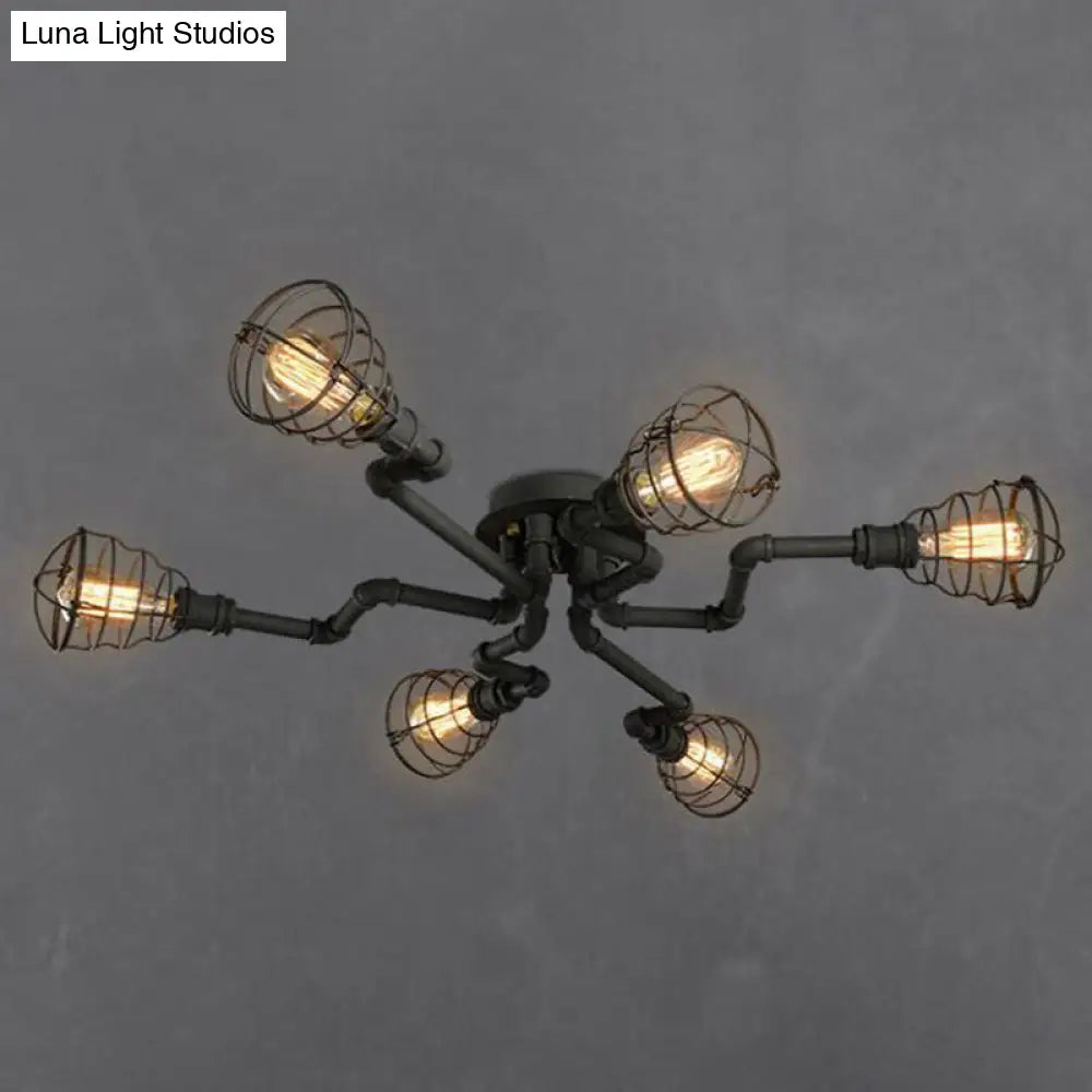 Black Industrial Cage Ceiling Light For Entryways - Semi Flush Mount