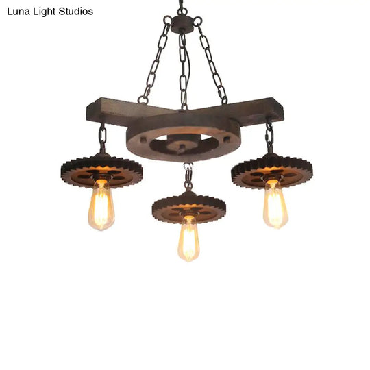 Industrial Black Chandelier With 3/7 Down Lights And Round Wood Shelf