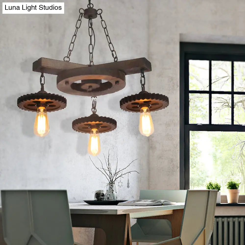 Industrial Black Chandelier With 3/7 Down Lights And Round Wood Shelf 3 /