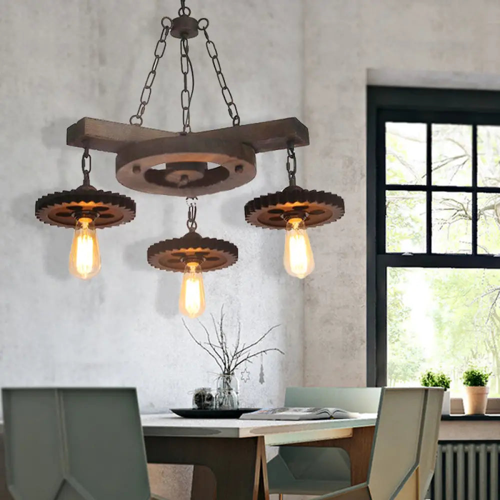 Black Industrial Chandelier: 3/7-Light Metal Gear Down Lighting With Wooden Shelf 3 /