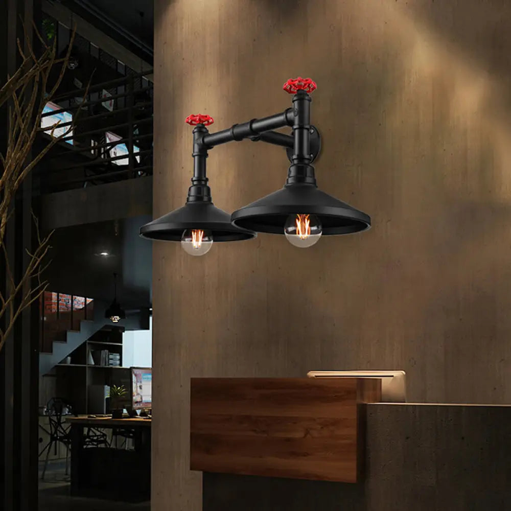 Black Industrial Cone Wall Mounted Light With Red Valve: 2 Heads Metal Lamp For Hallway