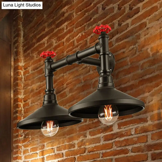 Black Industrial Cone Wall Mounted Light With Red Valve: 2 Heads Metal Lamp For Hallway