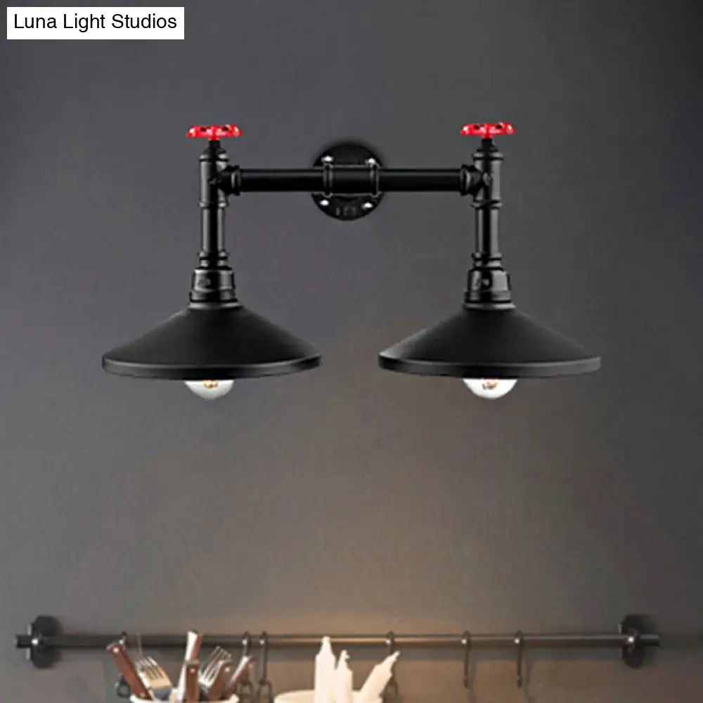 Black Industrial Cone Wall Mounted Light With Red Valve: 2 Heads Metal Lamp For Hallway