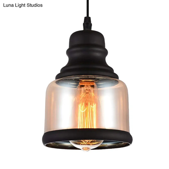 Black Industrial Cylinder Pendant Lighting - Clear Glass Hanging Light For Living Room