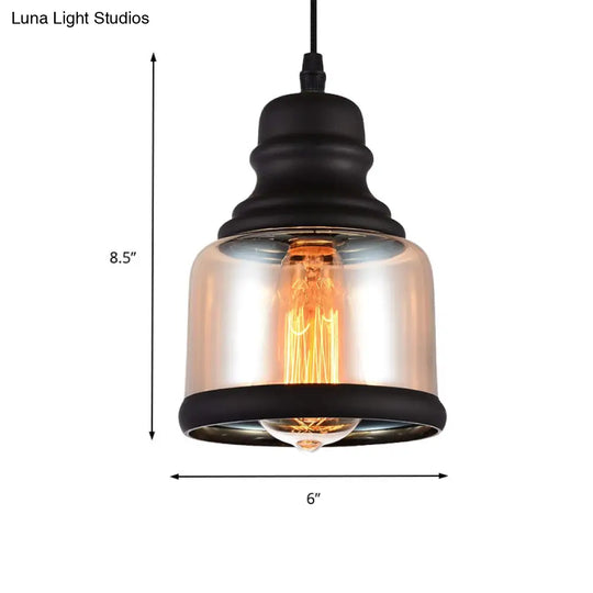 Black Industrial Cylinder Pendant Lighting - Clear Glass Hanging Light For Living Room