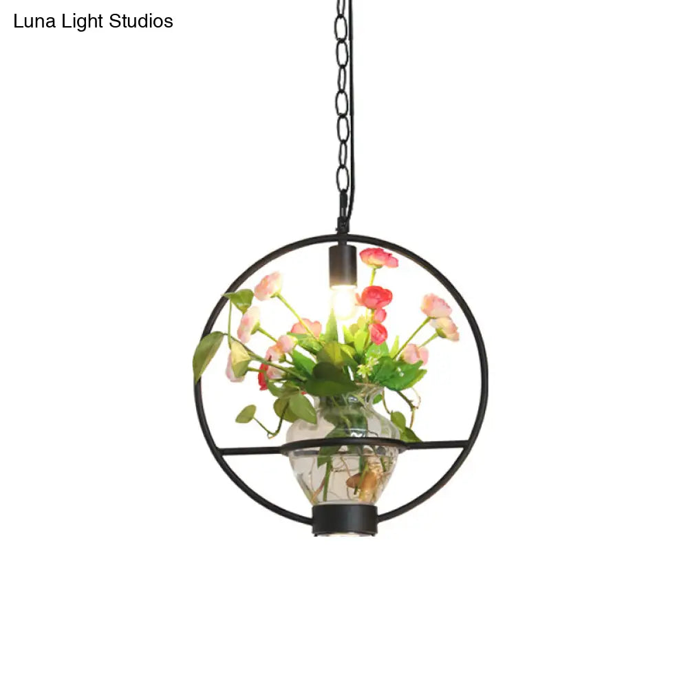 Black Industrial Iron Pendant With Clear Glass Plant Pot: 1 Light Down Lighting Cage Design