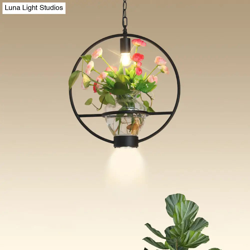 Industrial Cage Drop Pendant With Clear Glass Plant Pot - Black Iron And Down Lighting / A