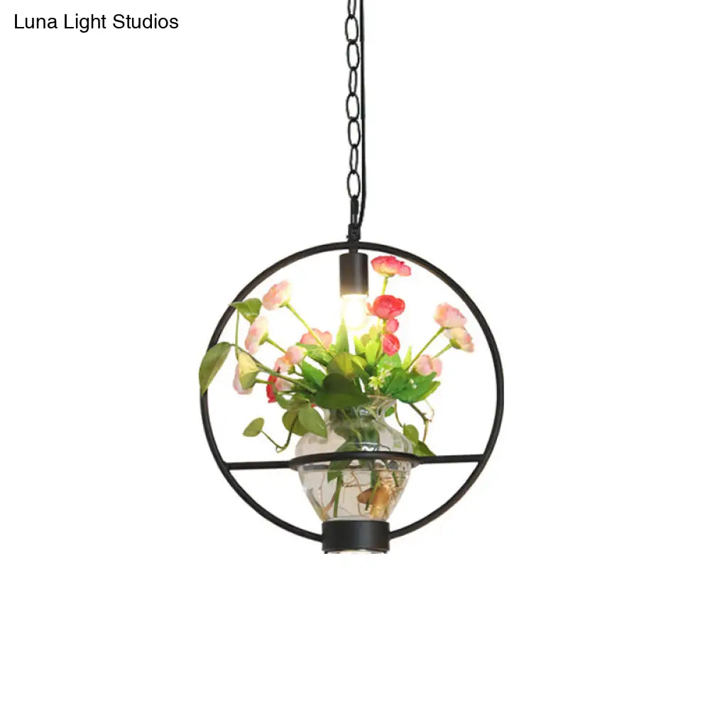 Industrial Cage Drop Pendant With Clear Glass Plant Pot - Black Iron And Down Lighting