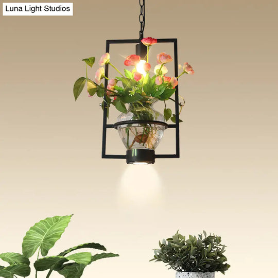 Industrial Cage Drop Pendant With Clear Glass Plant Pot - Black Iron And Down Lighting / C