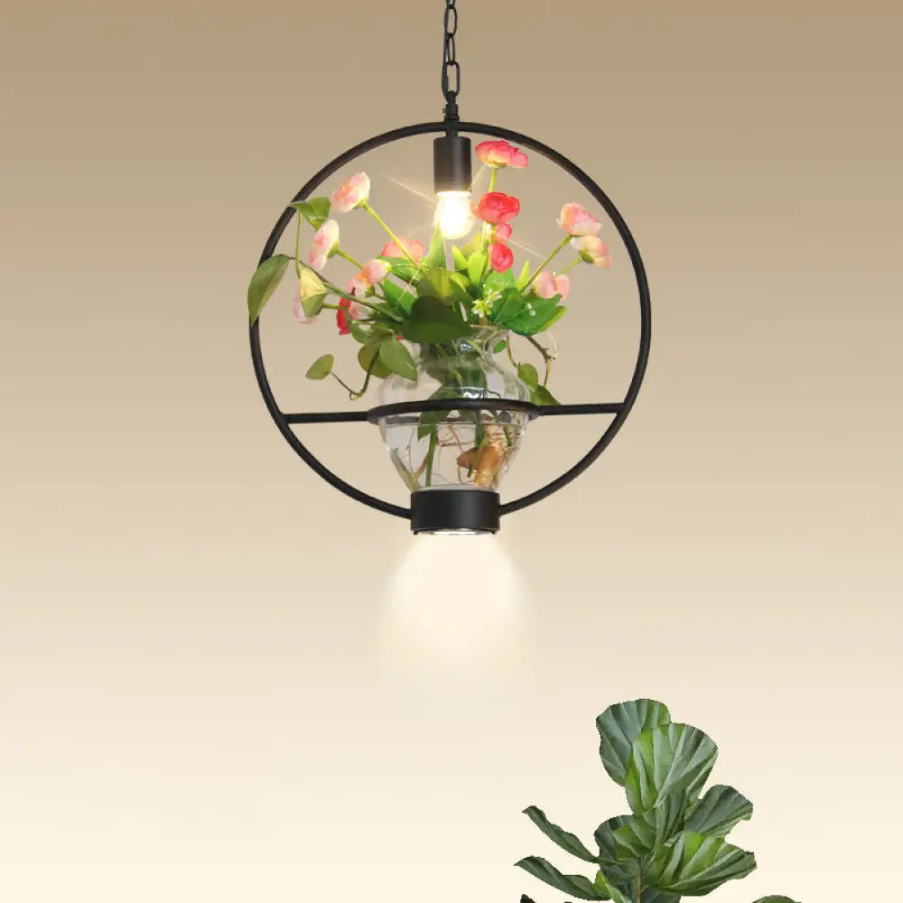 Black Industrial Iron Pendant With Clear Glass Plant Pot: 1 Light Down Lighting Cage Design / A