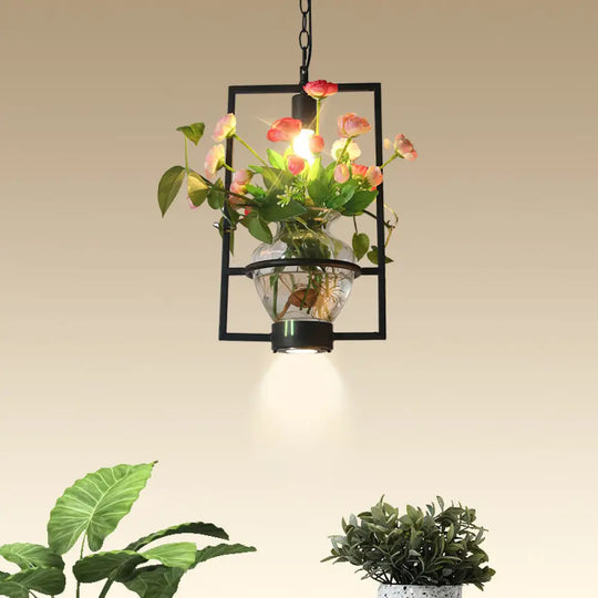 Black Industrial Iron Pendant With Clear Glass Plant Pot: 1 Light Down Lighting Cage Design / C