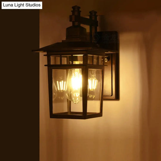 Black Industrial Lantern Wall Sconce - Clear Glass Hanging Light With Single Bulb For Porch