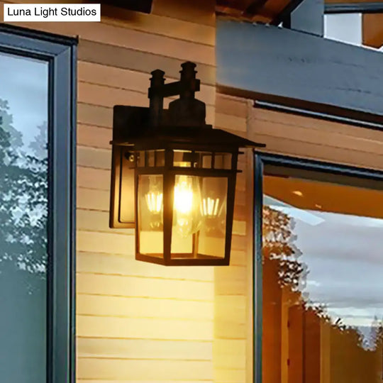 Black Industrial Lantern Wall Sconce - Clear Glass Hanging Light With Single Bulb For Porch