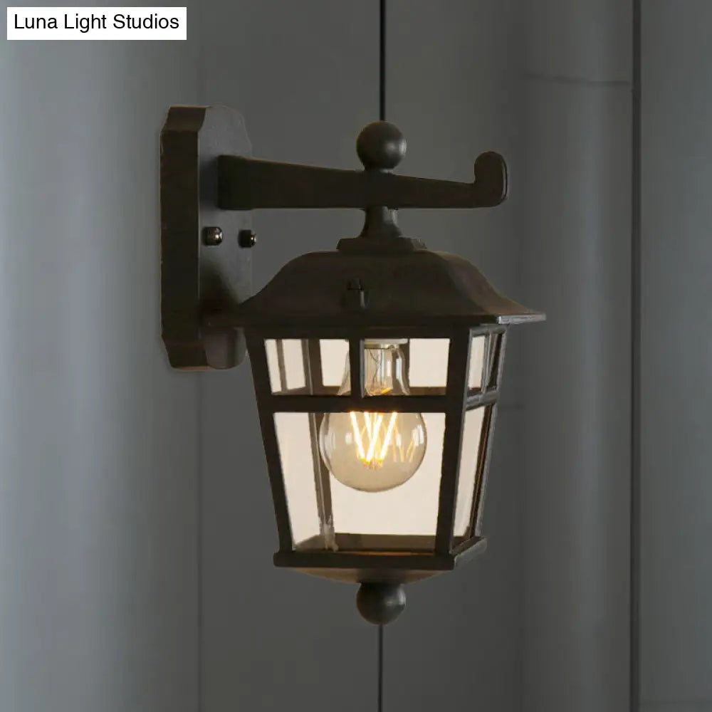 Black Industrial Lantern Wall Sconce - Clear Glass Hanging Light With Single Bulb For Porch