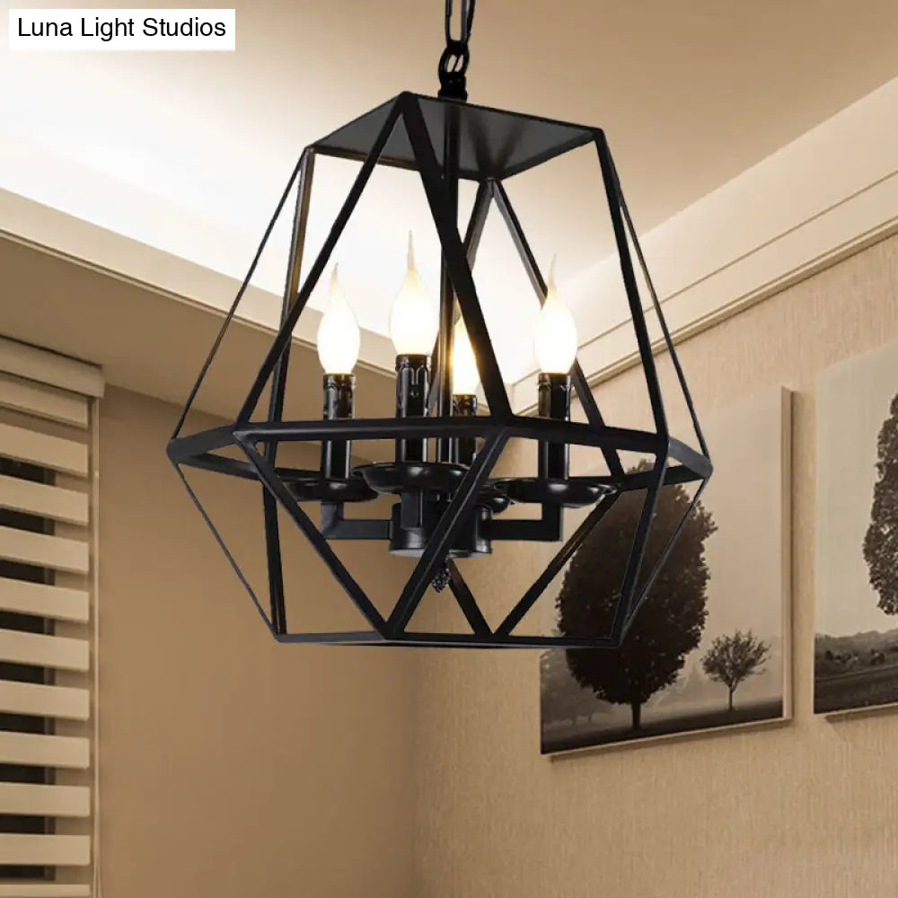 Black Retro Industrial Geometric Cage Chandelier With Adjustable Chain - 4 Heads Ceiling Light