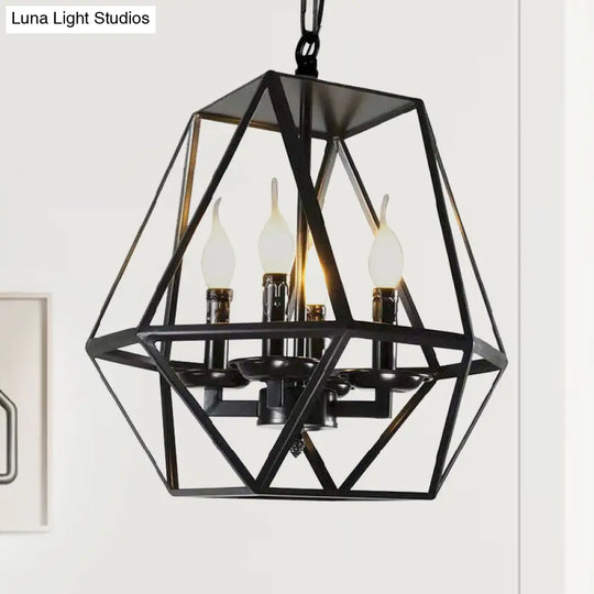 Black Retro Industrial Geometric Cage Chandelier With Adjustable Chain - 4 Heads Ceiling Light